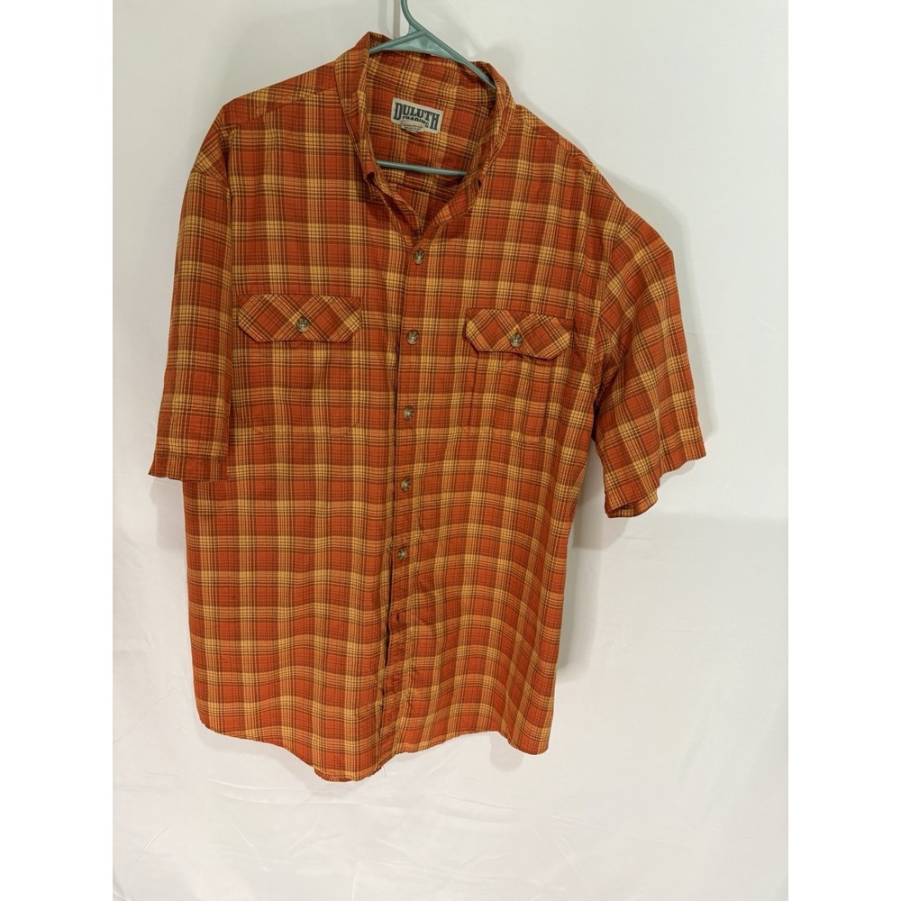 Duluth Trading Co Short Sleeve Shirt, Men's Size XL Tall Orange Plaid
